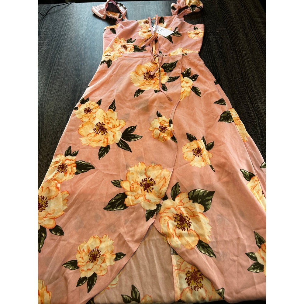 J.O.A. Floral Wrap Midi Dress Women's S Pink Yellow Puff Sleeve Romantic NWT
